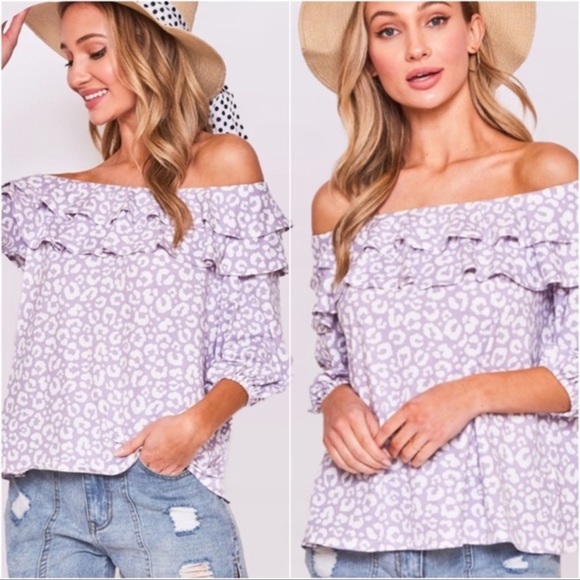 (28)New Lavender White Leopard Print Ruffle Spring Summer Women’s Pretty Top - Picture 2 of 3
